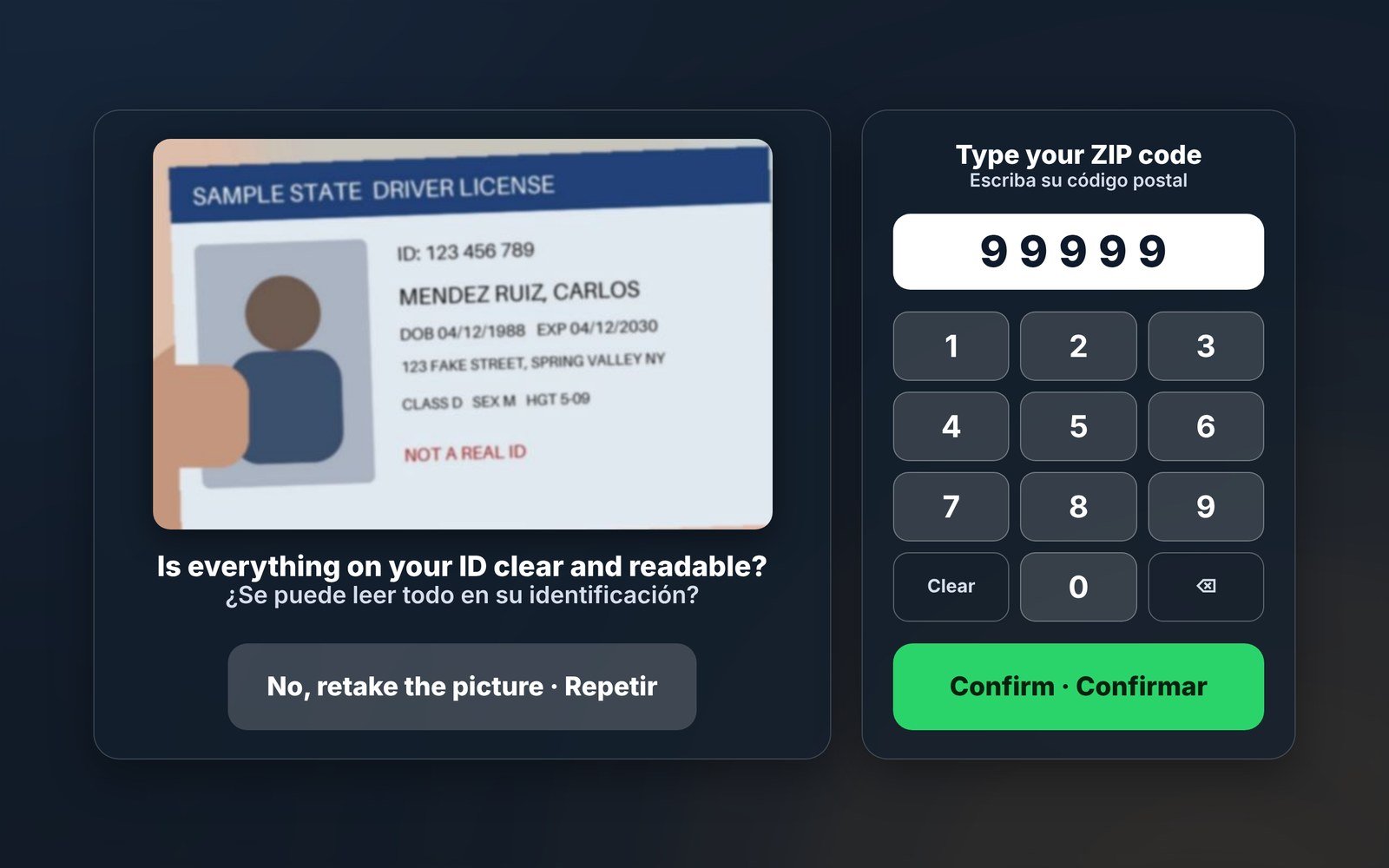 ID picture review screen with a ZIP code keypad, showing a sample ID