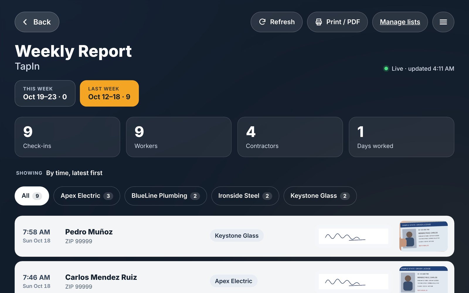 Weekly Report with totals, company filters and sign in rows