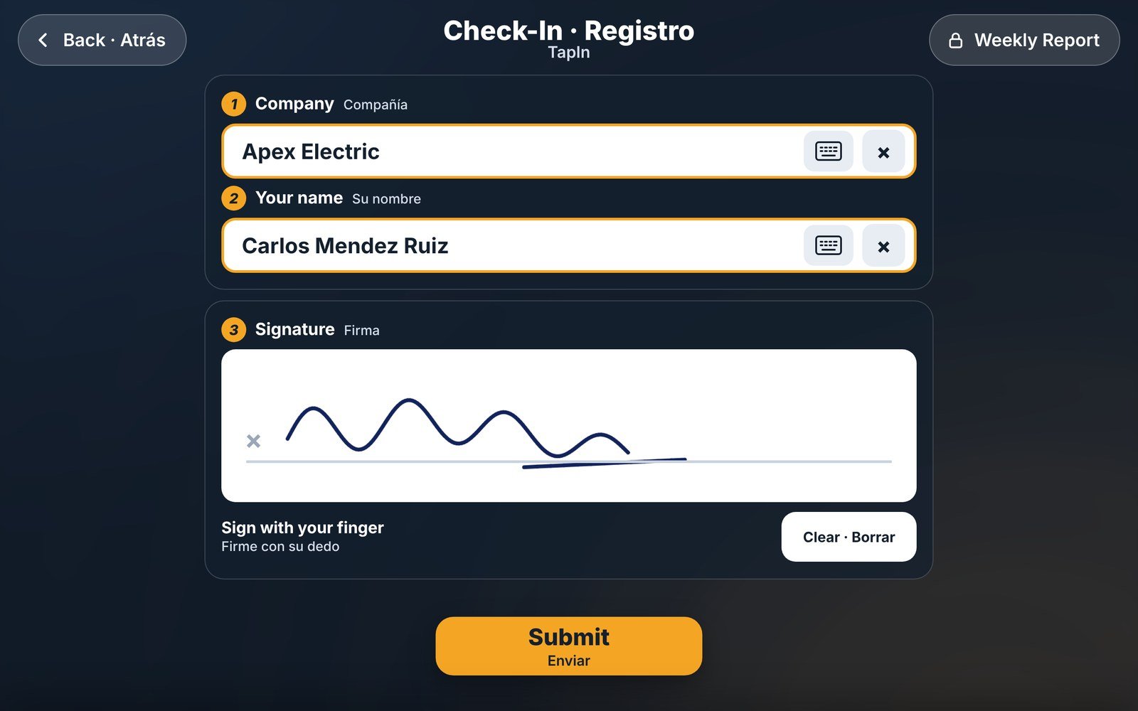 Check in screen with company, name and a signature